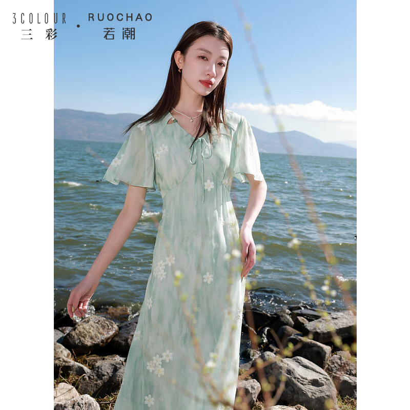 三彩大碼女裝2025春季新款浪漫V領(lǐng)繡花連衣裙長裙收腰胖MM 薄荷綠花卉 L 165/92B