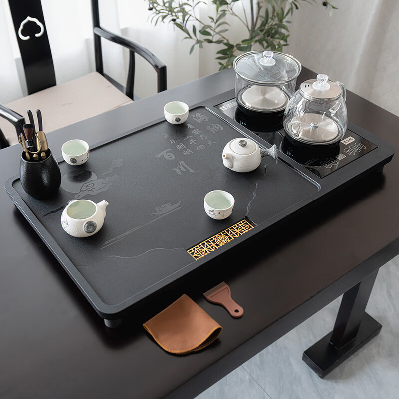 合成乌金石茶盘全自动一体烧水壶套装客厅办公室家用简约茶台茶具 海纳百川  （80*45cm开孔一体） 带玻璃烧水壶