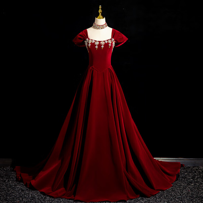 離境天藝考生的音樂禮服酒紅色晚禮服女高級感高端大氣聲樂主持人婚紗敬 WLN24010有頸部飾品 2XL 均碼