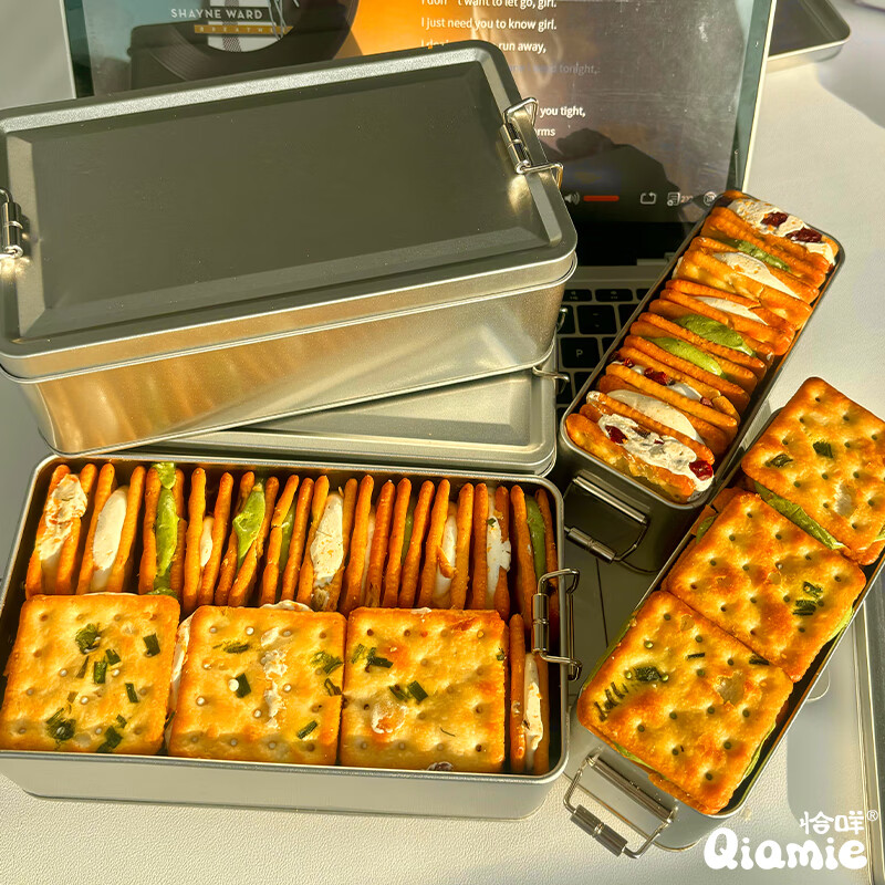 恰咩香葱牛轧饼 台式夹心饼干铁盒网红休闲食品小零食高颜值独立包装 香葱味+蔓越莓【袋装无铁盒】