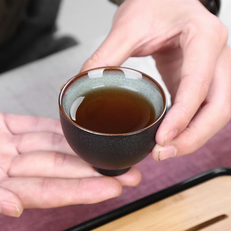 扑哩扑剌陆宝黑陶陶瓷茶杯复古黑陶茶盏品茗杯个人茶具单杯 高脚杯