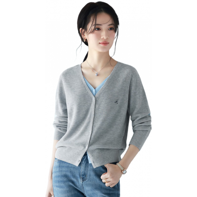 伊芙麗（eifini）伊芙麗真絲羊毛親膚假兩件撞色V領(lǐng)針織開衫女上衣2025春季新款 灰色 M 105-115斤