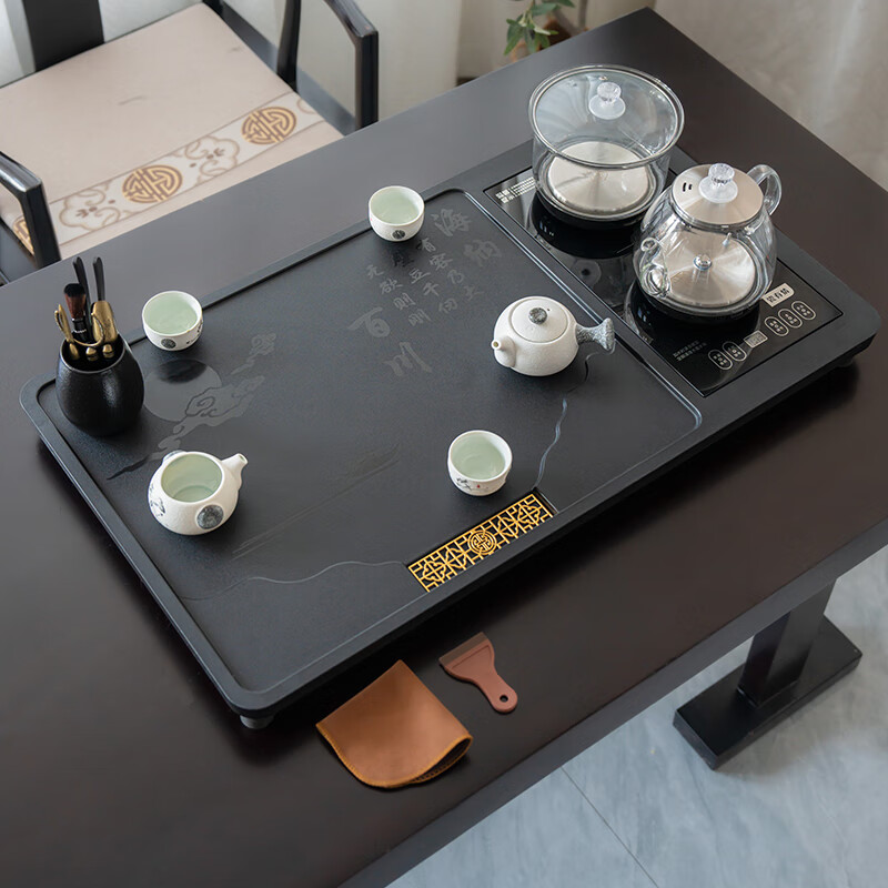 合成乌金石茶盘全自动一体带烧水壶套装客厅办公室家用茶台茶具 海纳百川  （80*45cm开孔一体） 带玻璃烧水壶