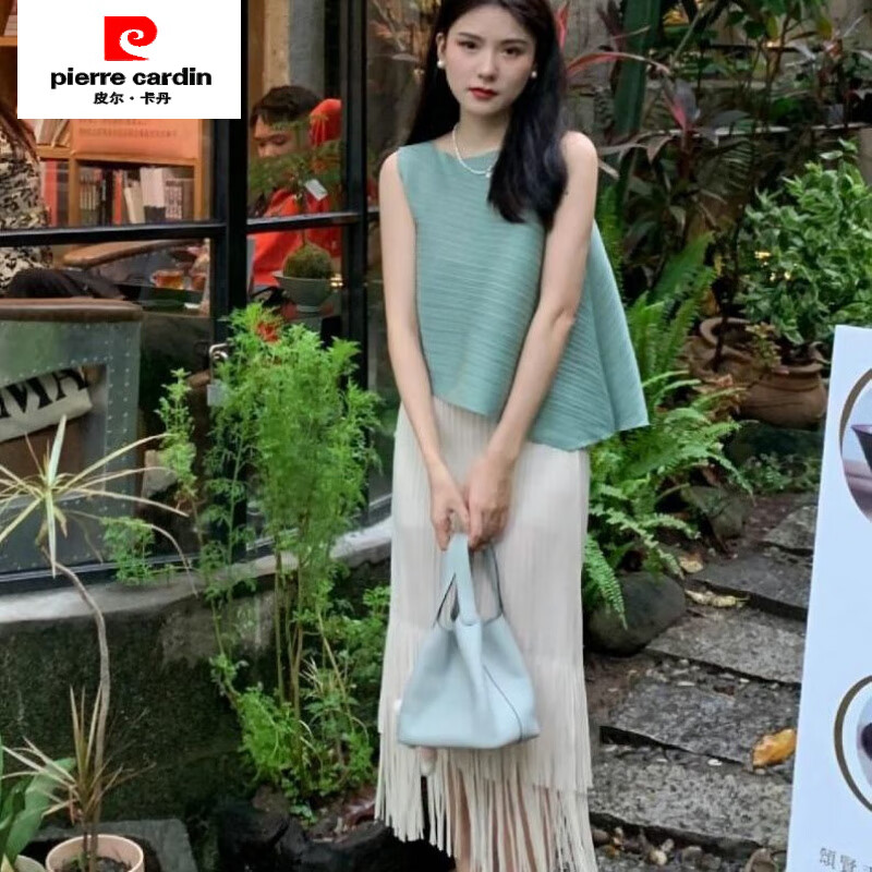 皮爾卡丹（pierre cardin）氣質(zhì)名媛套裝韓系無袖背心上衣搭配流蘇半身裙女夏季兩件套感 綠色上衣+半身裙 S