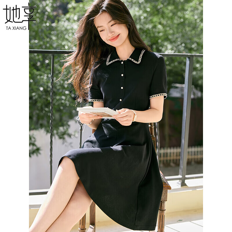 她享小香风连衣裙女小个子百搭显瘦短袖连衣裙POLO领小黑裙子T52Q009