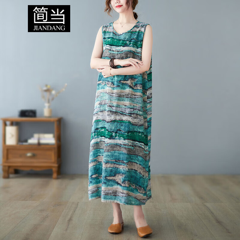 簡當(dāng)夏新款胖MM大碼女裝清新文藝復(fù)古無袖連衣裙長款背心裙 JY9093 圖色 大碼均碼【130-170斤】