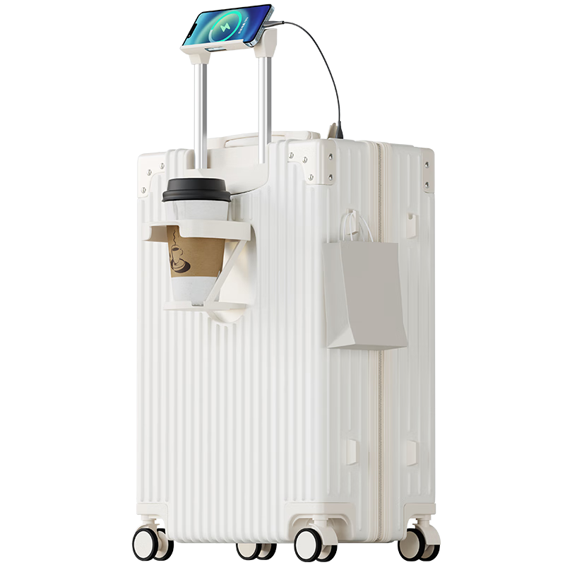 梵地亞26英寸行李箱多功能箱包拉桿箱學(xué)生大容量旅行密碼箱皮箱杯架白色