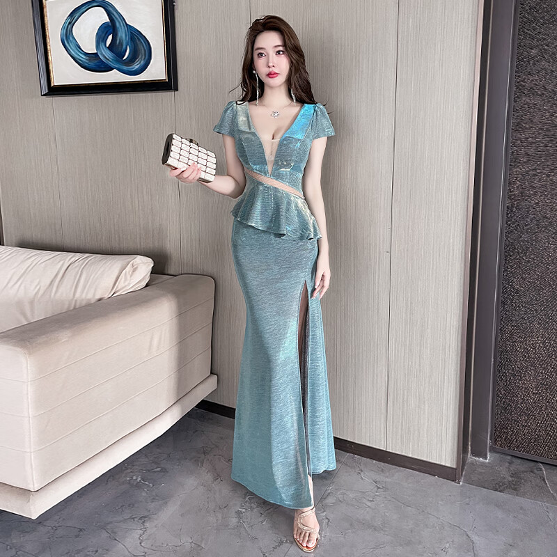 名媛氣質(zhì)深V性感晚禮服低胸露背禮服長裙女酒吧ktv遮肚包臀連衣裙 綠色 2XL
