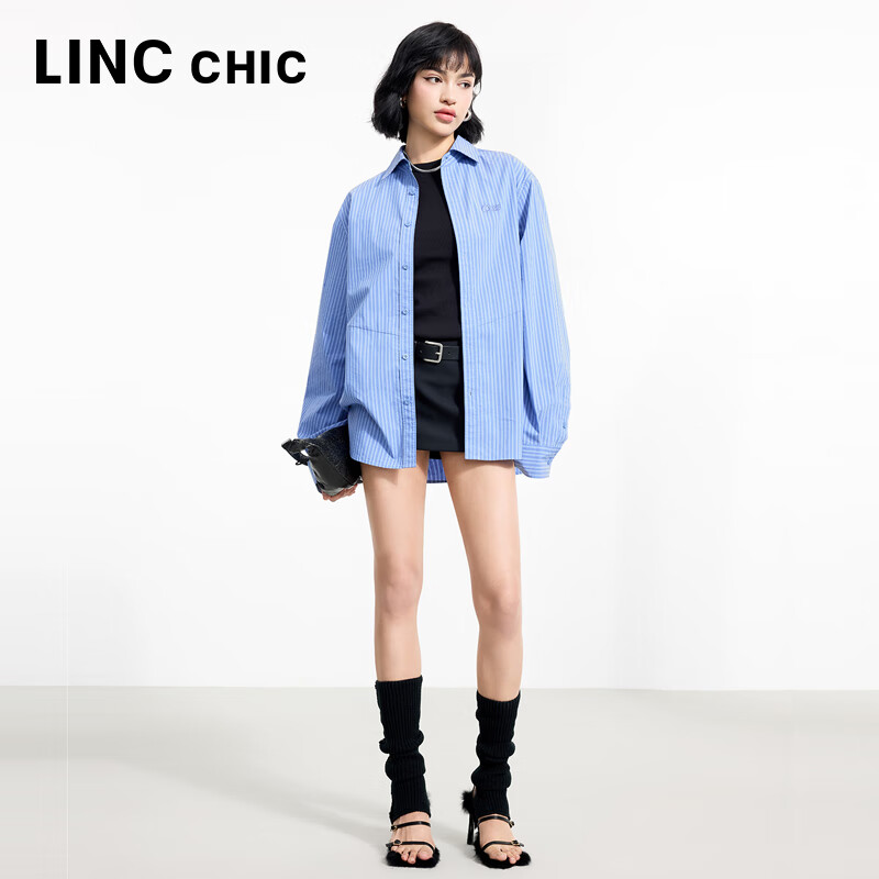 金羽杰2025年春季新品轻奢长袖竖条纹衬衫女士中长款宽松衬衣S251SH093Y 高街蓝条 L 适合150斤以下