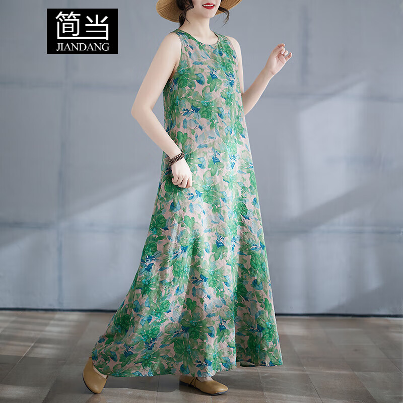簡(jiǎn)當(dāng)大碼女裝胖MM春夏波西米亞海灘度假風(fēng)圓領(lǐng)花色長(zhǎng)裙大花背心裙8034 綠色花 2XL 【150-170斤】