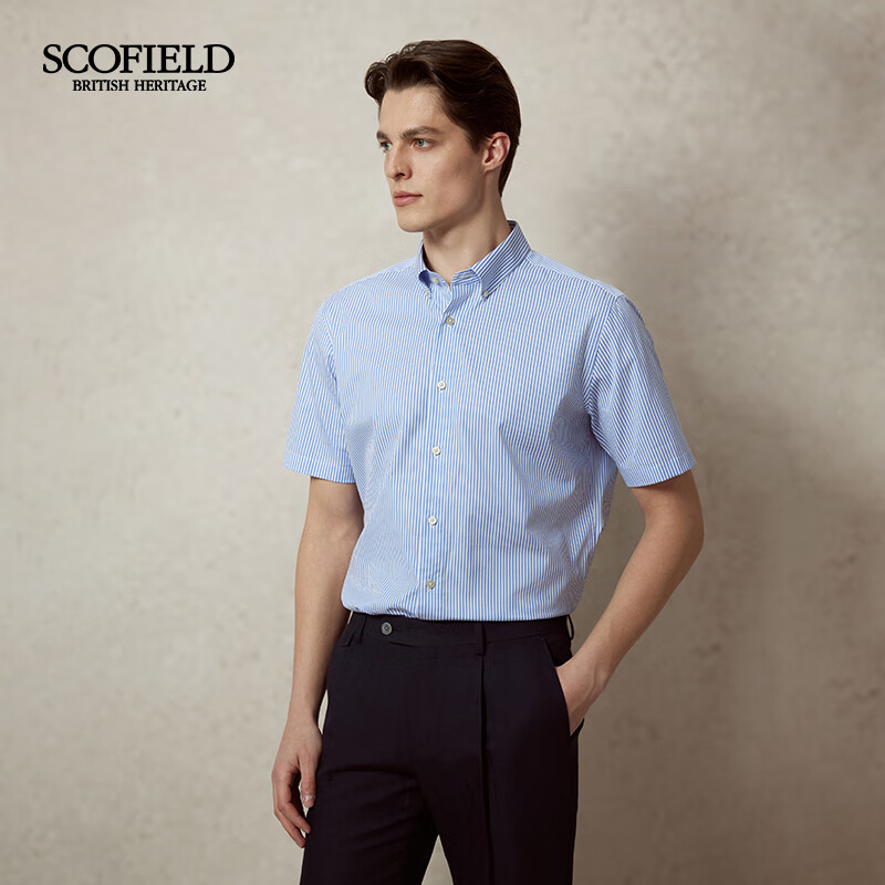 Scofield男士25春新品简约棉质时尚条纹休闲蓝色短袖衬衫翻领上衣 蓝色 M (170)