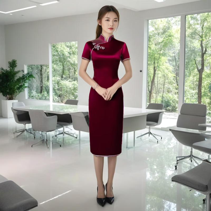 玫芙娜酒紅純色長(zhǎng)款媽媽裝旗袍裙婚宴婚禮喜宴婚慶旗袍端莊大氣改良短袖 酒紅色110cm XL