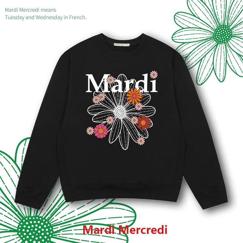 OEING&amp;mardi官方直营mardi卫衣小雏菊男女秋冬加绒薄款董洁印花刺绣 黑色金高银印花国内现货 均码