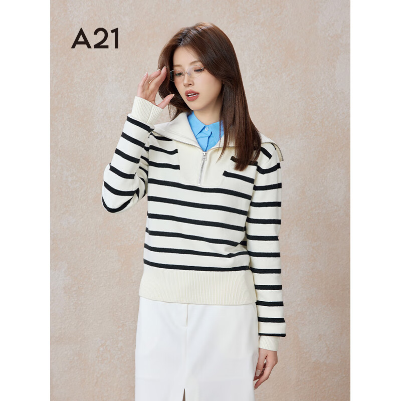 A21女裝條紋拉鏈翻領(lǐng)長(zhǎng)袖針織衫小香風(fēng)內(nèi)搭打底毛衣女 米杏 XS