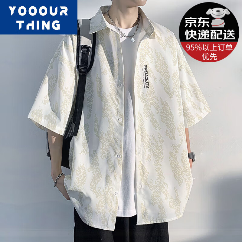 YOOOURTHING美式休闲短袖衬衫男夏季薄款潮牌潮流宽松半袖日系男士衬衣外套 白色 XL (建议115-140斤)