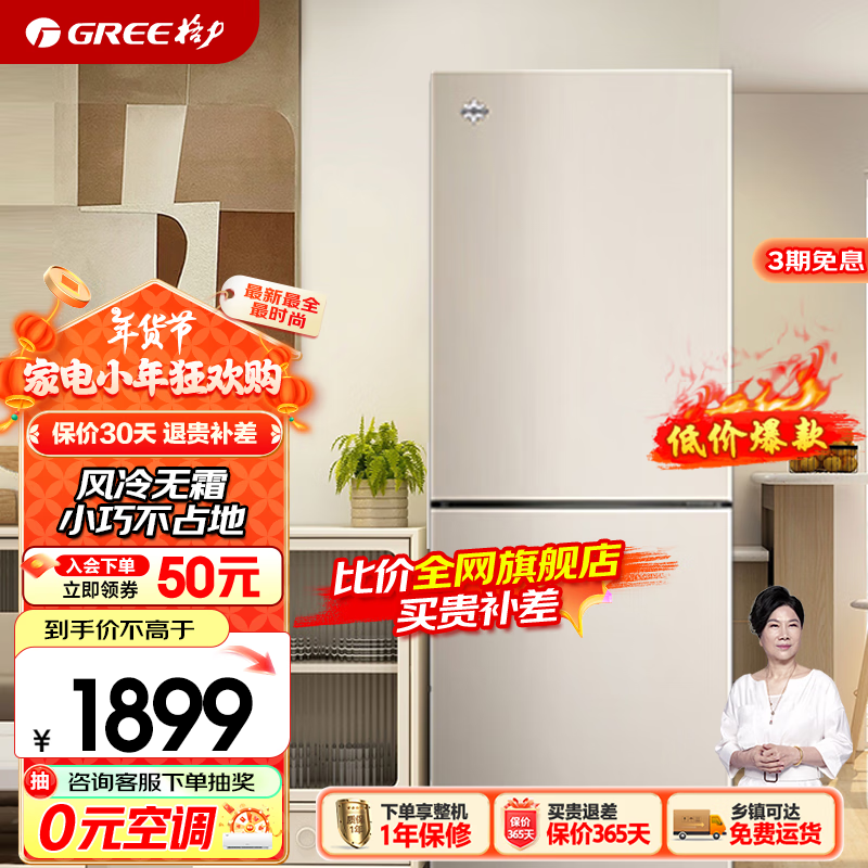 格力（GREE）晶弘冰箱226升双开门出租房办公室家用风冷无霜小巧不占地小巧不占地节能变频BCD-226WECL/现代金