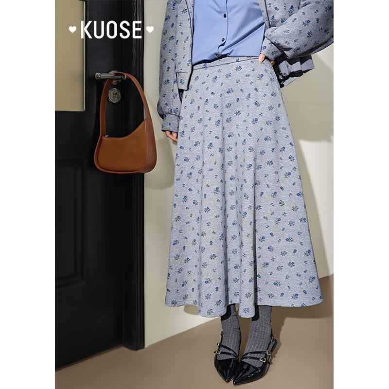 阔色(kuose)灰色碎花外套半身裙裤两件套装女秋季新款连帽开衫卫衣春 花灰色半身裙8005 L