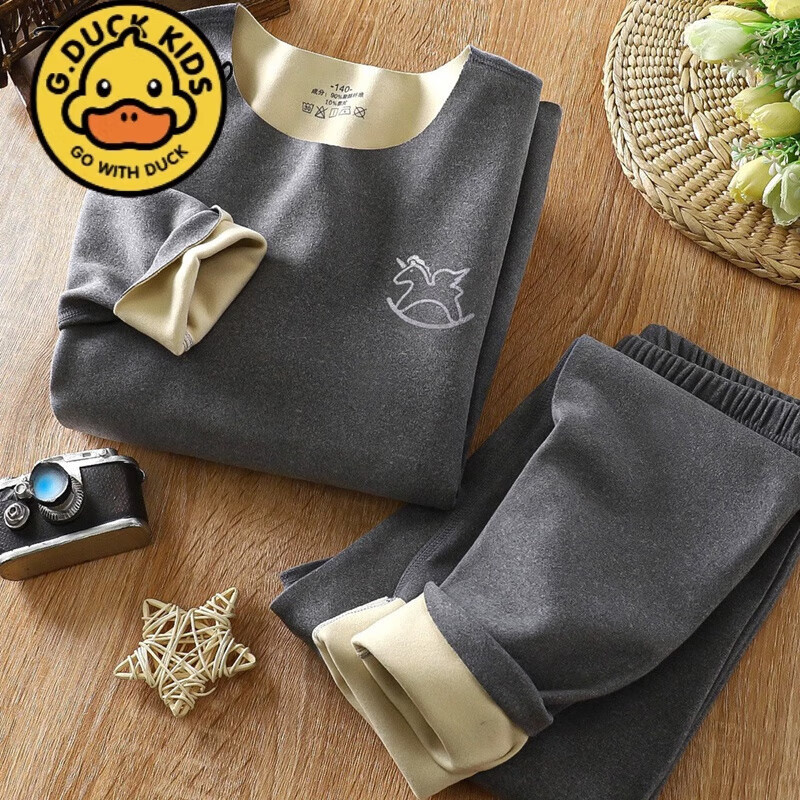 哈罗小黄鸭HAL.DUCK小黄鸭儿童德绒保暖内衣冬宝宝男童女童秋衣秋裤套装中大童学生贴 灰色 【保暖速热】 100 CM (适合身高80-90CM)