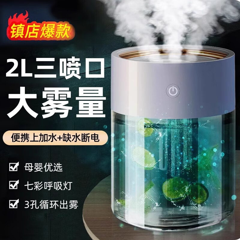 XVVMI加湿器家用办公室桌面透明七彩夜灯无线雾化静音三孔定时香薰机空调房加湿纳米雾低噪音孕妇婴儿用 2L三孔【七彩夜灯+纳米雾化+三喷】