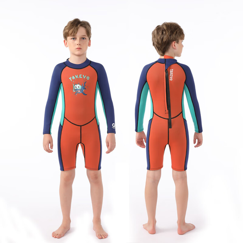 Yosoci兒童潛水服2.5mm男童連體泳衣保暖長袖短褲防曬沖浪浮潛加厚女 橙色 145 -12#
