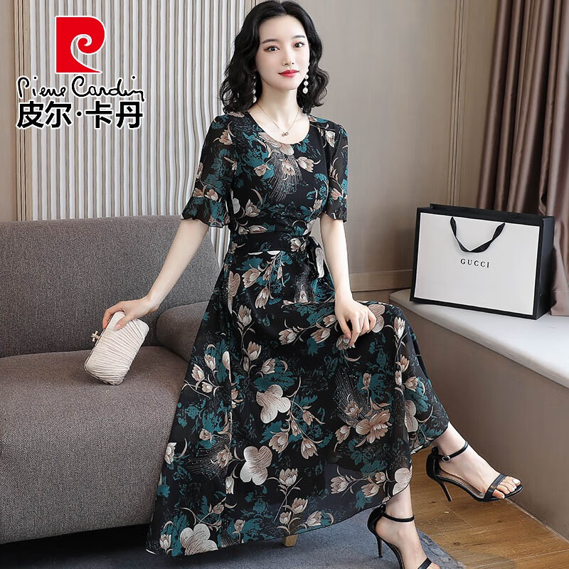 皮尔卡丹短袖雪纺连衣裙女夏2025新款收腰显瘦修身气质长款碎花裙宽松长裙 绿色 M