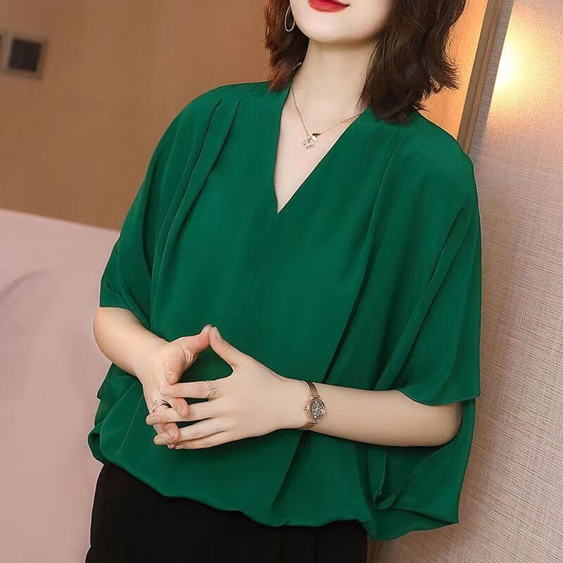 京功加肥加大碼女蝙蝠衫200斤大碼女裝雪紡上衣夏寬松遮肚洋氣顯瘦V領(lǐng) 綠色 3XL 140-160斤