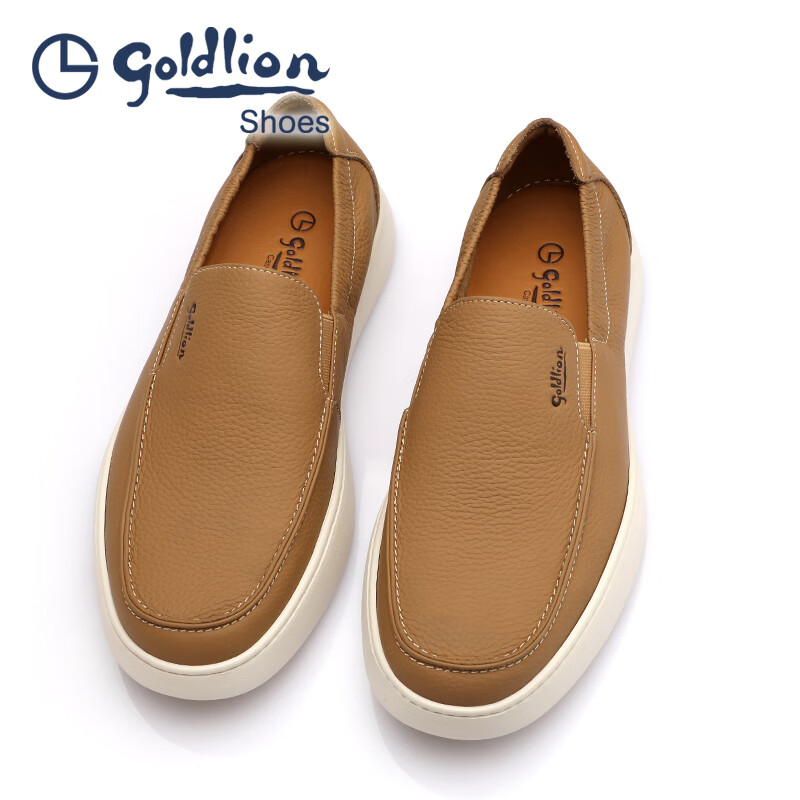 金利来（Goldlion）男鞋 圆头套脚男士商务休闲皮鞋 简约软皮轻底乐福鞋 浅棕色 40 比标准码皮鞋偏大一码