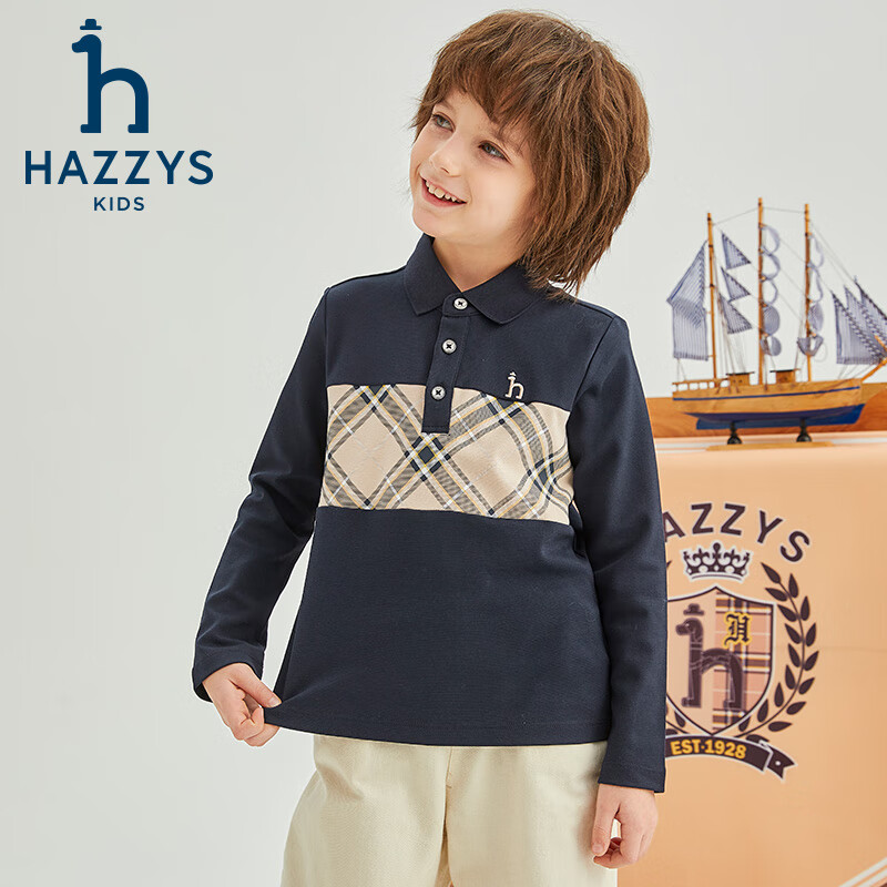 哈吉斯(HAZZYS)品牌童装男童POLO衫春季新款舒适柔软有型宽松经典翻领长袖polo 冰晶蓝 145