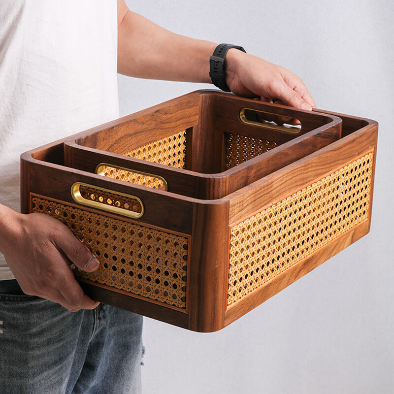 LIUIUSU手工实木藤编收纳篮 黑胡桃木高级轻奢衣物收纳筐桌面整理杂物筐 藤木筐-大号高款（45*30*20cm）