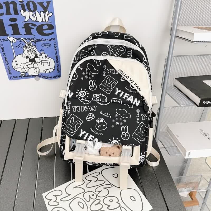 菲妙书包女中学生少女心日系双肩包设计感大容量双肩包大学生电脑包 黑色 花色单包