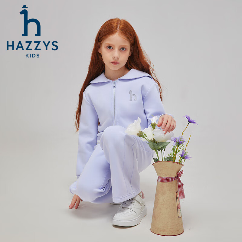 哈吉斯(HAZZYS)品牌童装女童套装春季新款舒适保暖弹力休闲时尚花边领套装 浅云灰 165