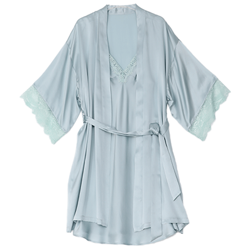 狄兰丝（dilansi）重磅真丝睡袍套装女春夏2025新桑蚕丝吊带睡裙睡袍两件性感居家服 雾霾蓝-睡袍两件套 M (19姆米重磅真丝)