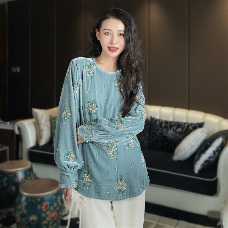 花影妖妖時髦新中式珠片刺繡真絲絨上衣女斜襟寬松前短后長氣質(zhì)小衫L50165 藍(lán)色 2XL