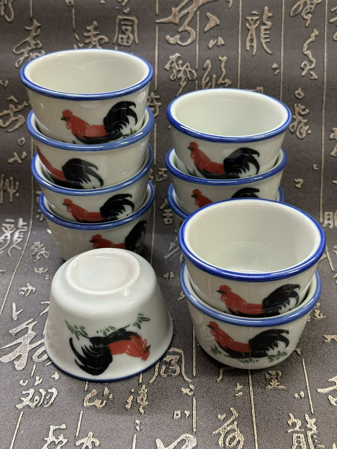 青花瓷陶瓷鸡公大茶杯大号公鸡复古怀旧茶杯家用中式水杯子10个装 60