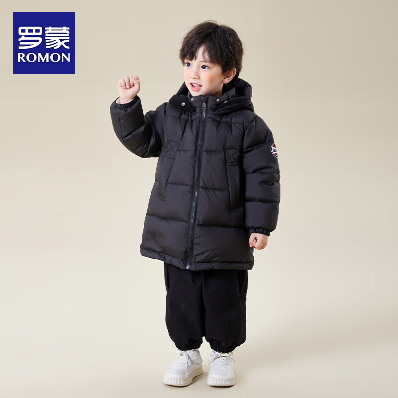 罗蒙儿童羽绒服加厚保暖冬装2025新款冬季男童中长款羽绒外套黑色 黑色 130