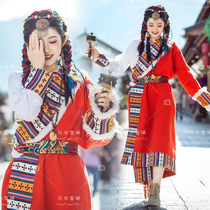 席佰藏族服裝女 云南網(wǎng)紅同款藏袍藍色粉色藏族女民族風(fēng)寫真西藏旅拍 大紅色 藏袍+襯衫+腰帶+頭飾 送 均碼