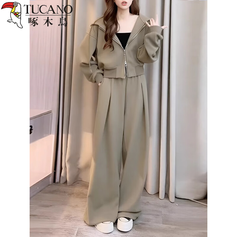 啄木鸟（TUCANO）感显瘦休闲运动装套装女早春2026新款大码胖mm卫衣长裤两件套 绿色【两件套】 上衣偏长 XL 【建议120-140斤】