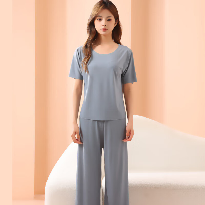 有只绵情侣睡衣套装春夏季冰丝无痕宽松大码男女款可外穿家居服 女款-卡其色 4XL