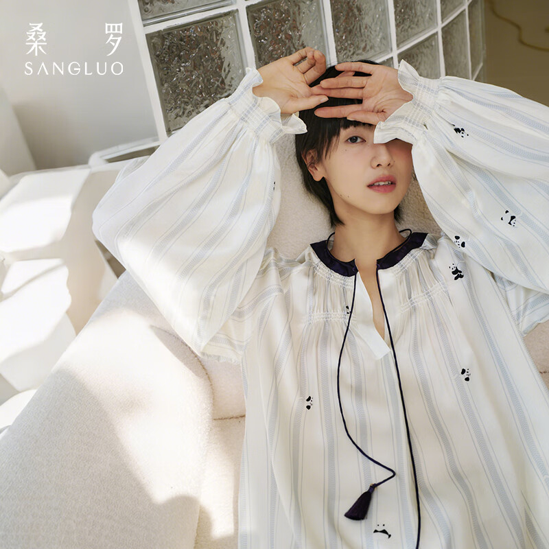 桑罗【李兰迪同款】真丝睡衣女胖达系列熊猫印花长袖连衣裙中长款宽松 米底熊猫条纹 M