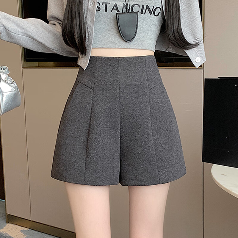 阿瑪瑟（amase）高腰顯瘦配靴子的毛呢短褲女春秋2025秋冬新款韓版寬松闊腿a字褲 灰色 S :(80-95斤)