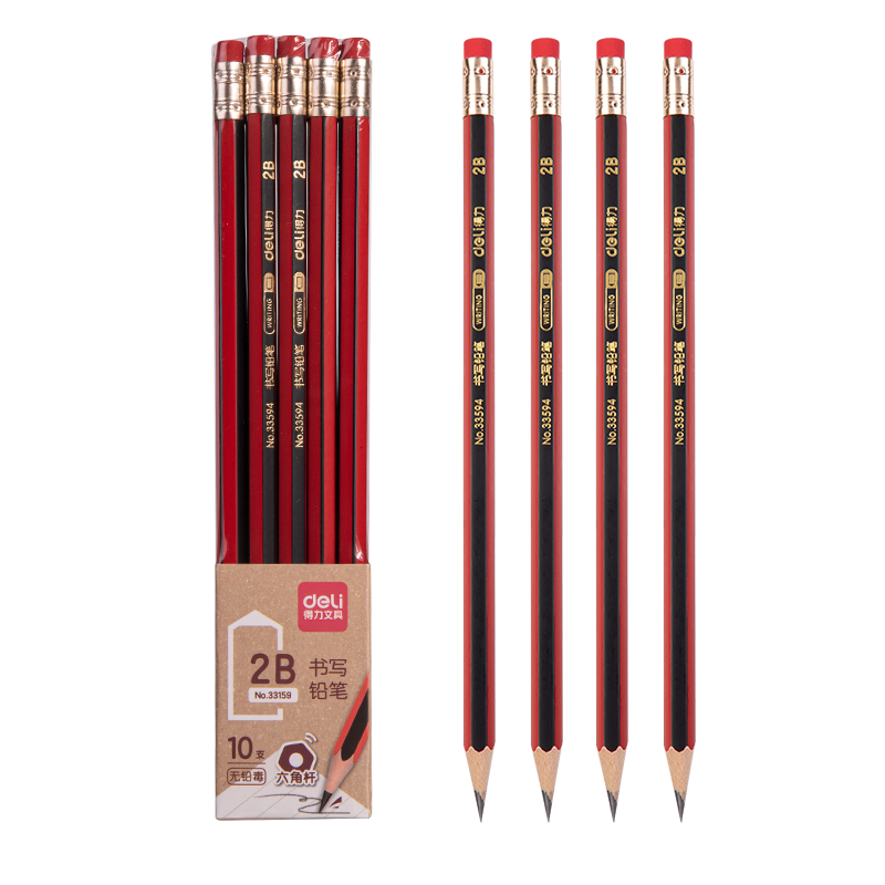 得力 2B铅笔 红黑皮头抽条 10支/盒 学生书写素描绘图铅笔 33159 1.8元