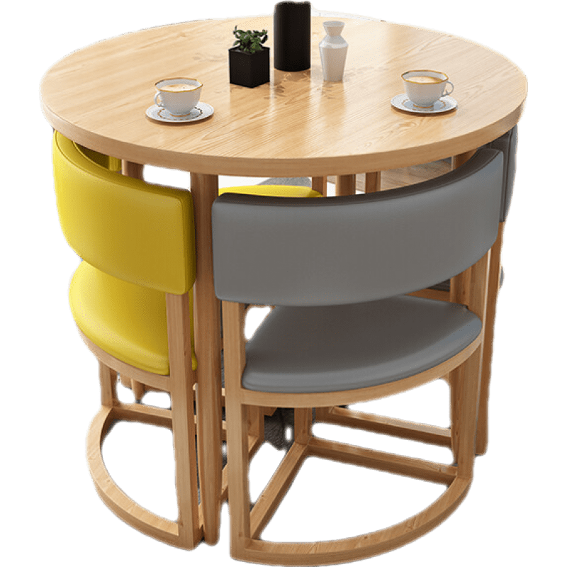 煕沐瞳  简约洽谈接待可收纳桌椅会客休闲桌子办公室休息区阳台小圆桌组合 灰拼黄 皮椅原木色桌