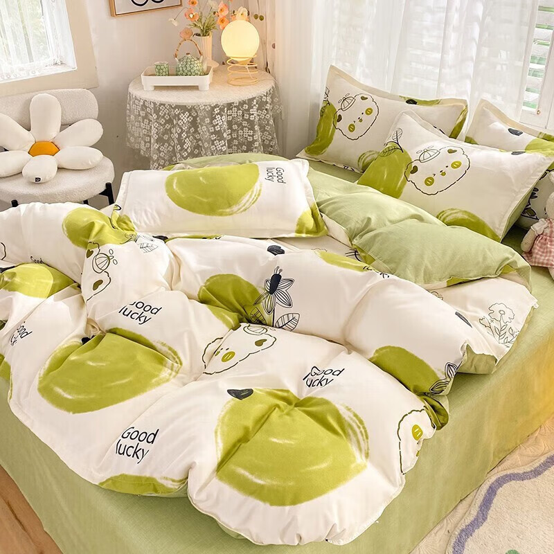 软贝 小清新四件套 透气亲肤 印花卡通简约田园套件被套床单床上用品 青苹果 床单款 2.0m四件套(被套200*230cm