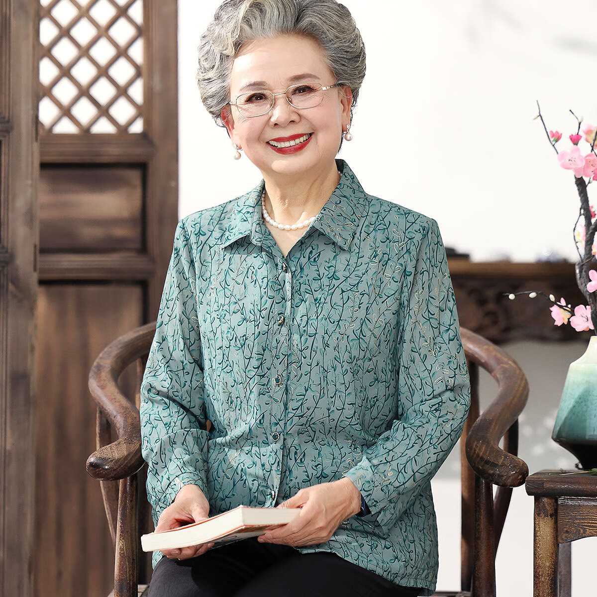 大唐夫人衬衫女奶奶春秋长袖妈妈装简约开衫洋气中老年人太太翻领衣服透气