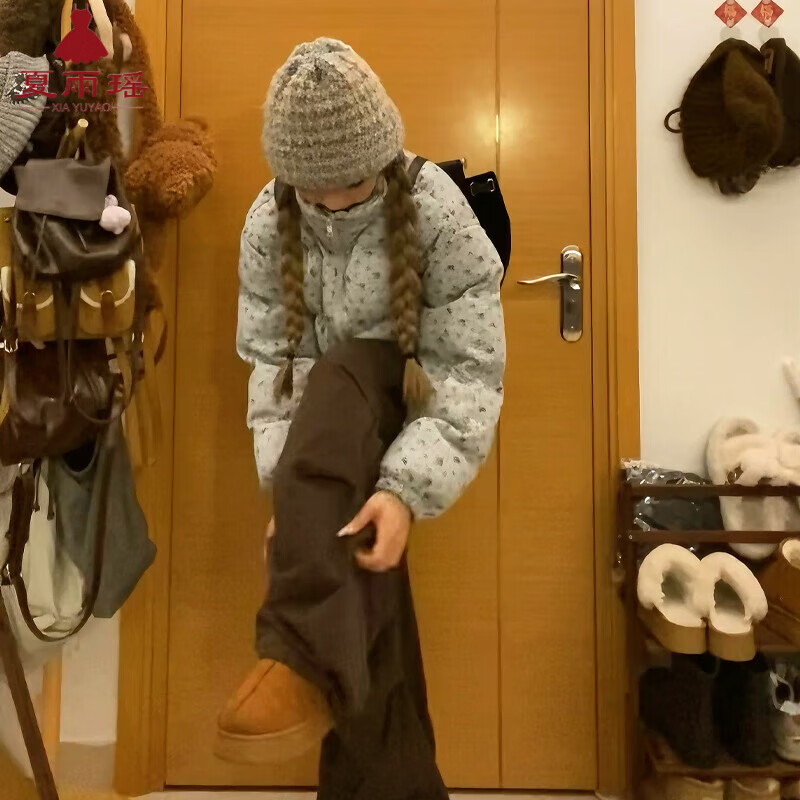 夏雨瑶美式小碎花立领短款棉服女2026新款冬季加厚肯豆风棉袄面包服外套 灰花 S