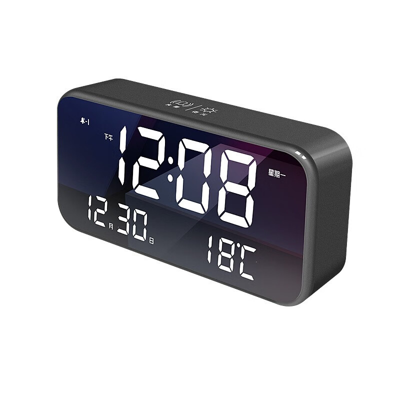床头台钟大尺寸镜面时钟充电式音乐数字电子钟静音声控聪明闹钟 白色