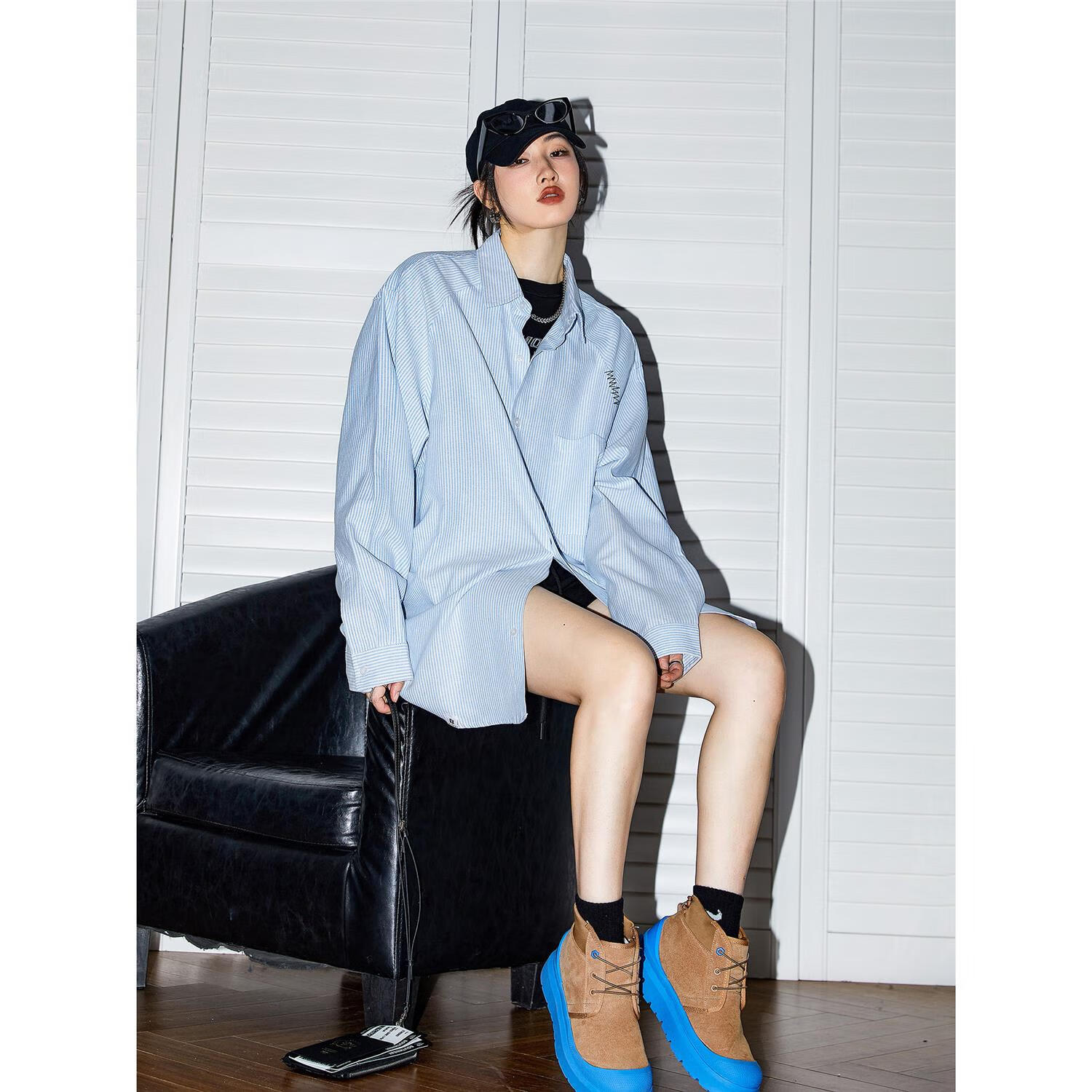ICH MODE美式复古条纹蓝色衬衫女春秋2025新款宽松衬衣外套上衣男 蓝色 M