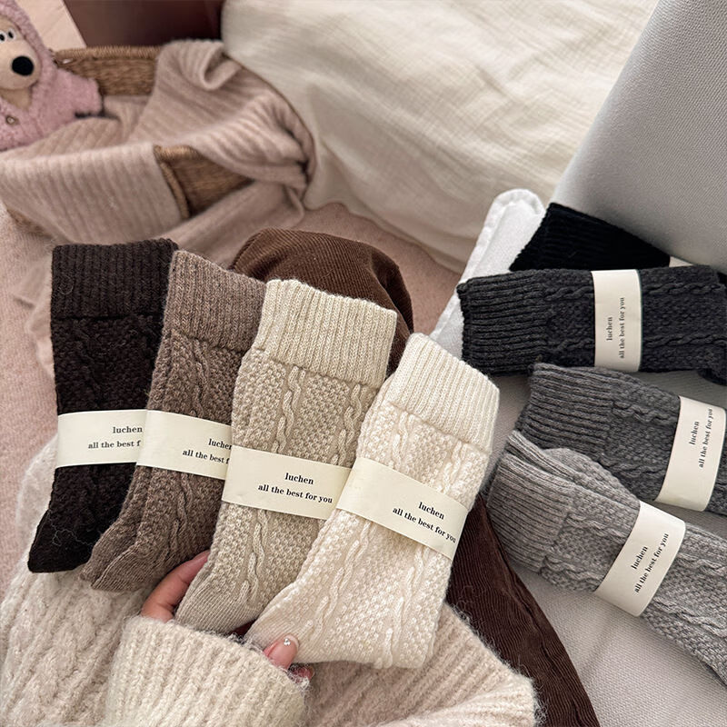 东方缘5双装秋冬女士羊毛袜加绒保暖中筒袜 混色 5双