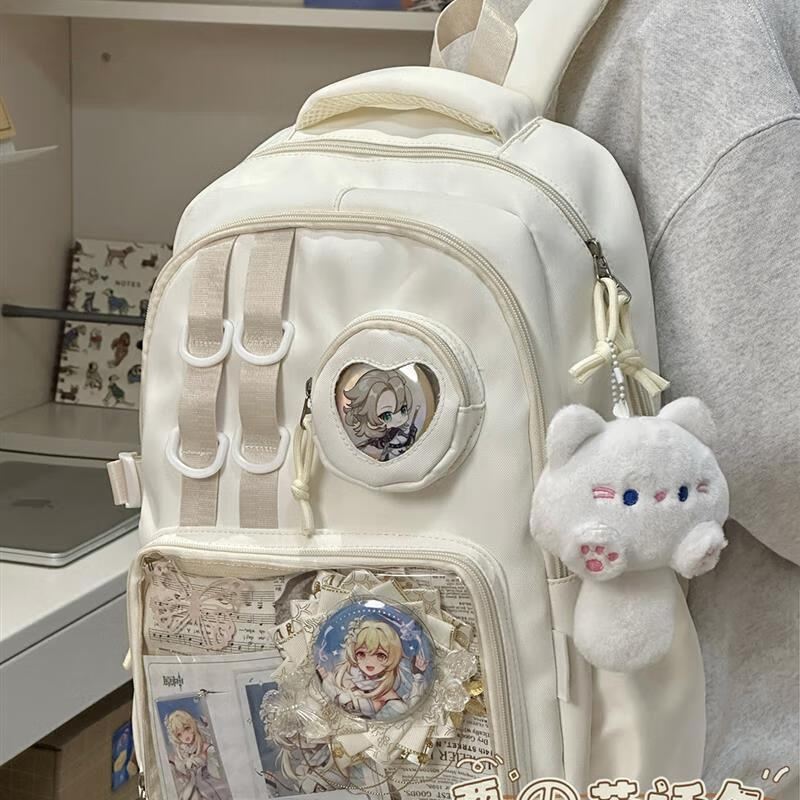 川布二次元风大食量书包女透明吧唧痛包双肩包初中女生JK大学生党背包 米白色  可爱猫