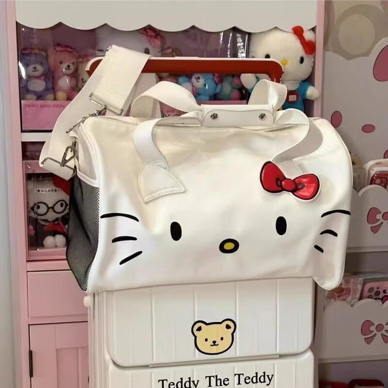 菲妙HelloKitty卡通可爱单肩手提蝴蝶结健身包斜挎旅行包旅行袋 白色 包包+肩带[无挂件]